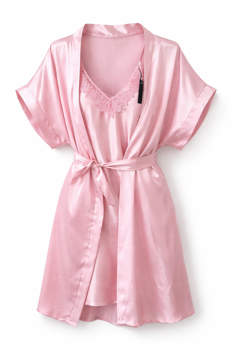 Camisola com Robe em Cetim Rosa Bebê