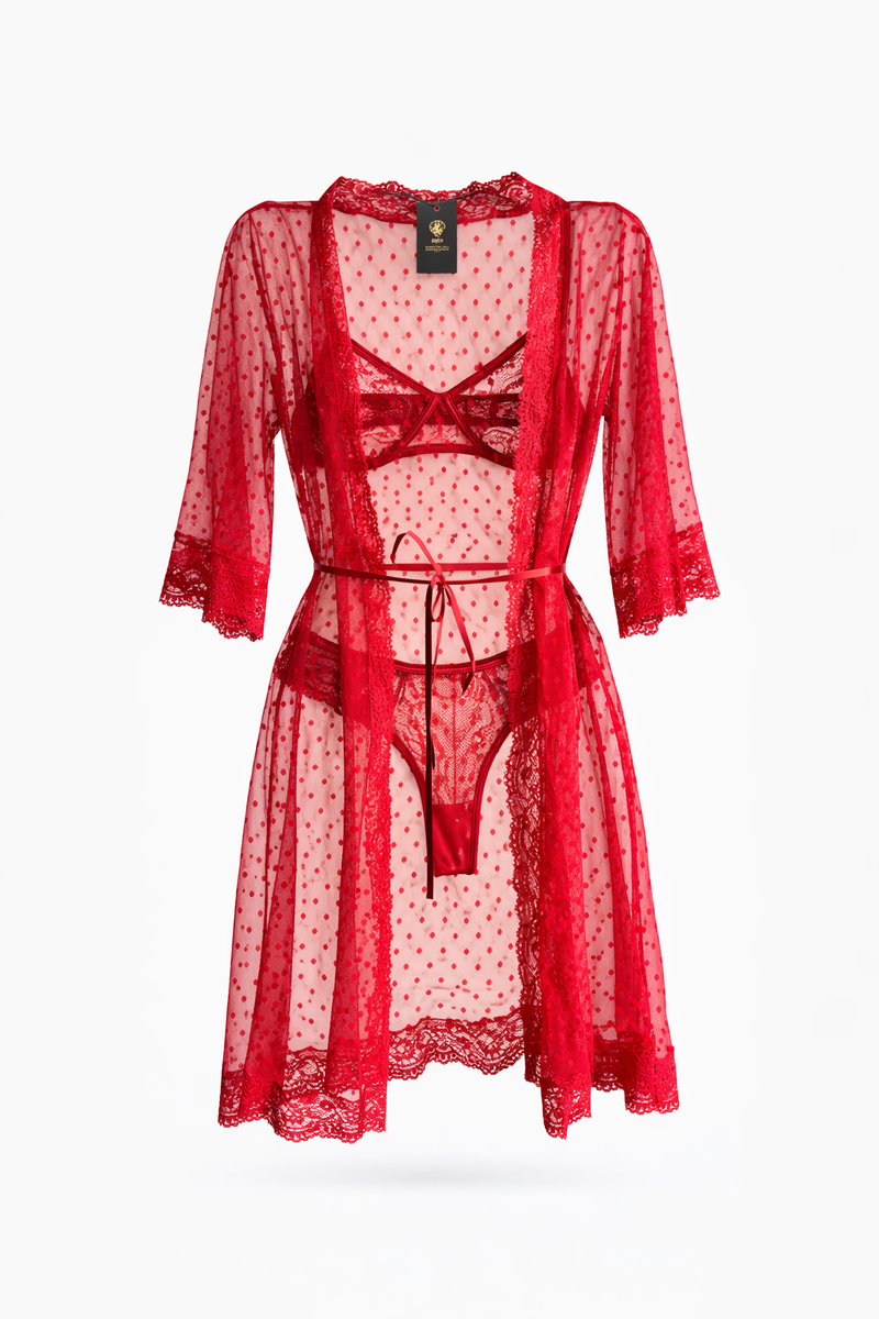 Conjunto em Renda e Tule com Robe Vermelho