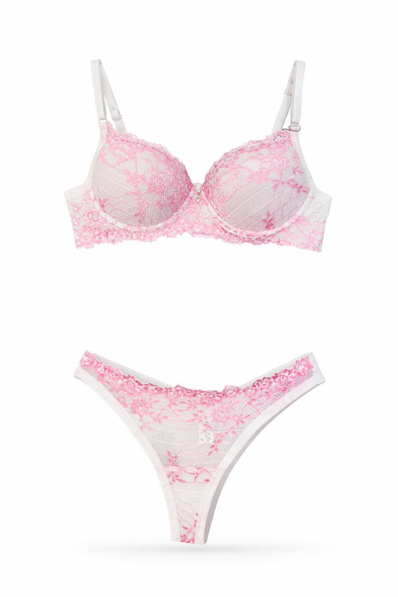 Conjunto Rendado Branco/Rosa
