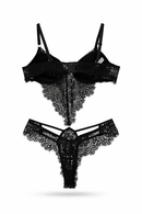 Body Sensual Sendado Preto Com Cinta Liga E Luvas